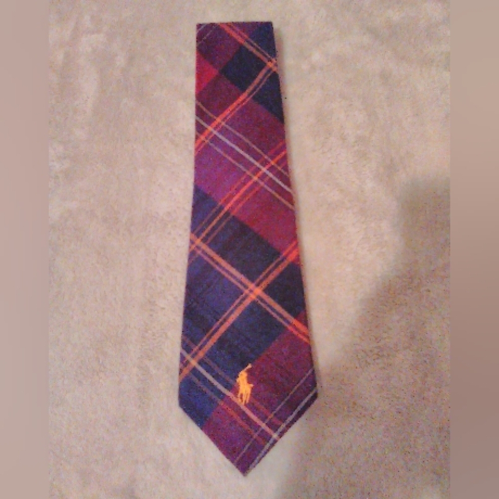 Polo by Ralph Lauren Men's Plaid Tie - Purple & Blue. 100% Wool, Hand Made.
